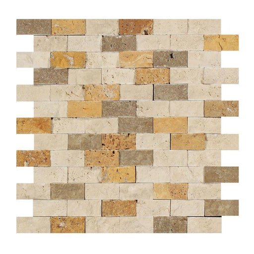 3 Color Mixed Travertine Mosaic - 1" x 2" Brick Split Face