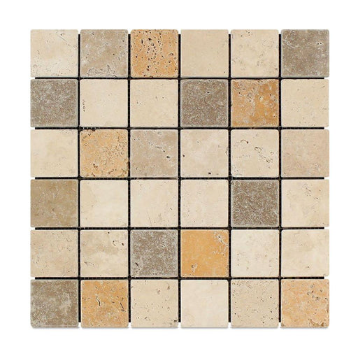 3 Color Mixed Travertine Mosaic - 2" x 2" Tumbled