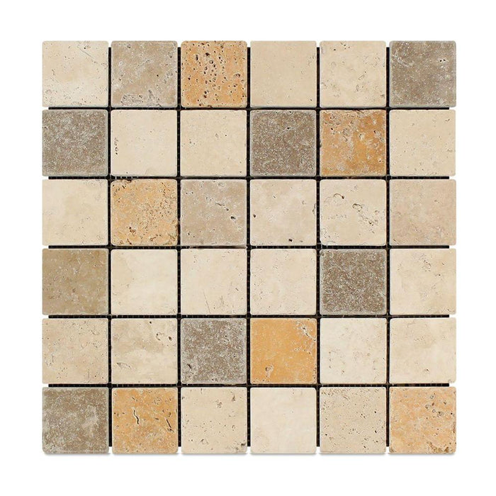 3 Color Mixed Travertine Mosaic - 2" x 2" Tumbled