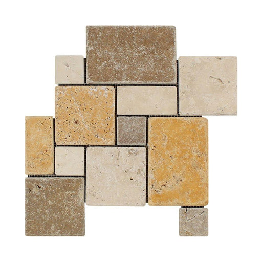 3 Color Mixed Travertine Mosaic - Opus Mini Pattern Tumbled