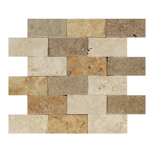 3 Color Mixed Travertine Mosaic - 2" x 4" Brick Split Face