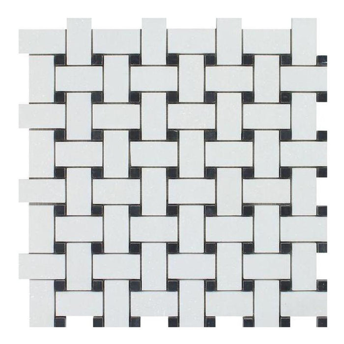 Thassos White Marble Mosaic - Basketweave with Black Dots Polished