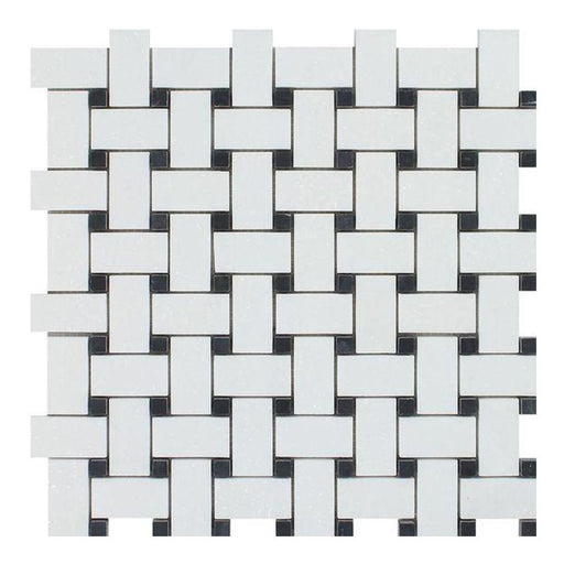 Thassos White Marble Mosaic - Basketweave with Black Dots Honed