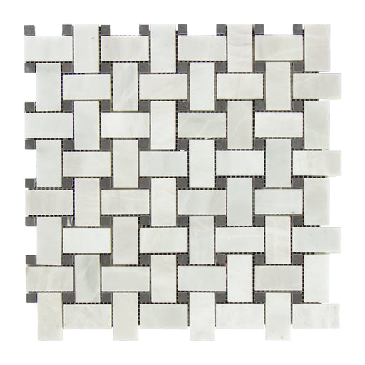 Bianco Garda Marble Mosaic - Basketweave with Graphite Dots Polished