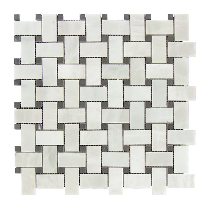 Bianco Garda Marble Mosaic - Basketweave with Graphite Dots Polished