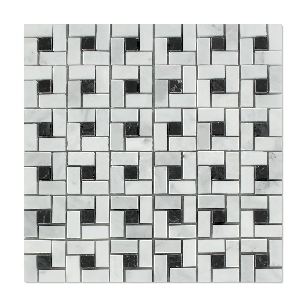 Carrara Venatino Marble Mosaic - 5/8" x 1 1/4" Pinwheel with Black Dots Polished