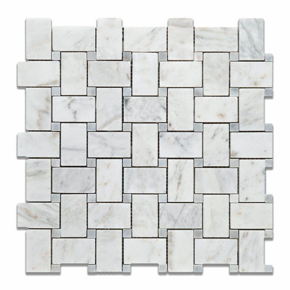 Carrara Venatino Marble Mosaic - Basketweave with Blue-Gray Dots Polished
