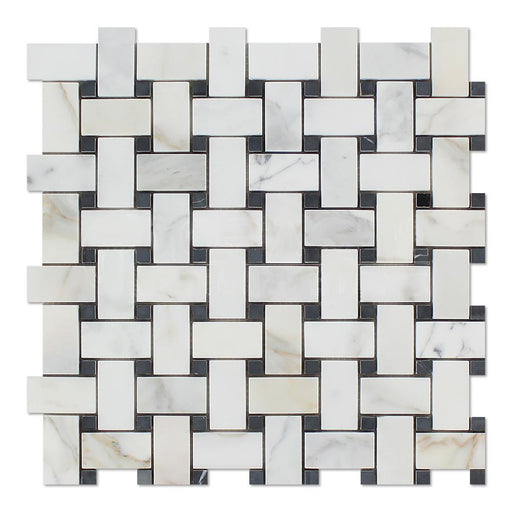 Calacatta Gold Marble Mosaic - Basketweave with Black Dots Polished