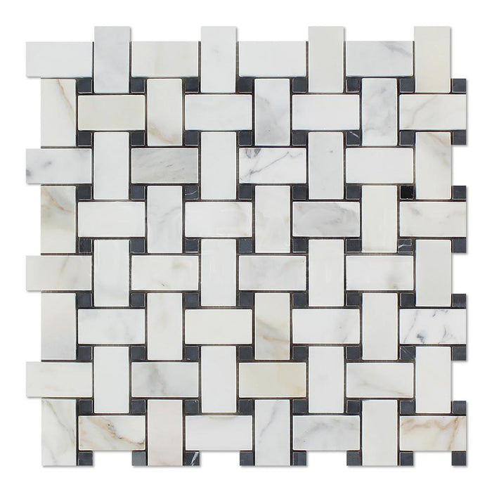 Calacatta Gold Marble Mosaic - Basketweave with Black Dots Polished