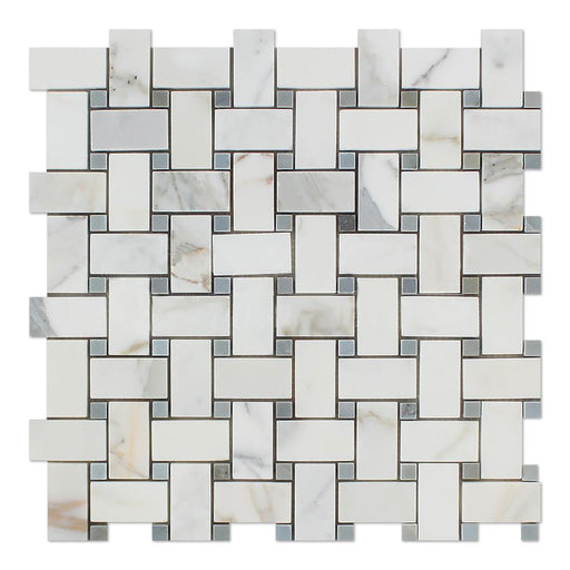 Calacatta Gold Marble Mosaic - Basketweave with Gray Dots Polished