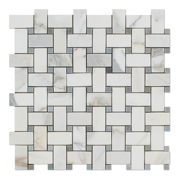 Calacatta Gold Marble Mosaic - Basketweave with Gray Dots Polished