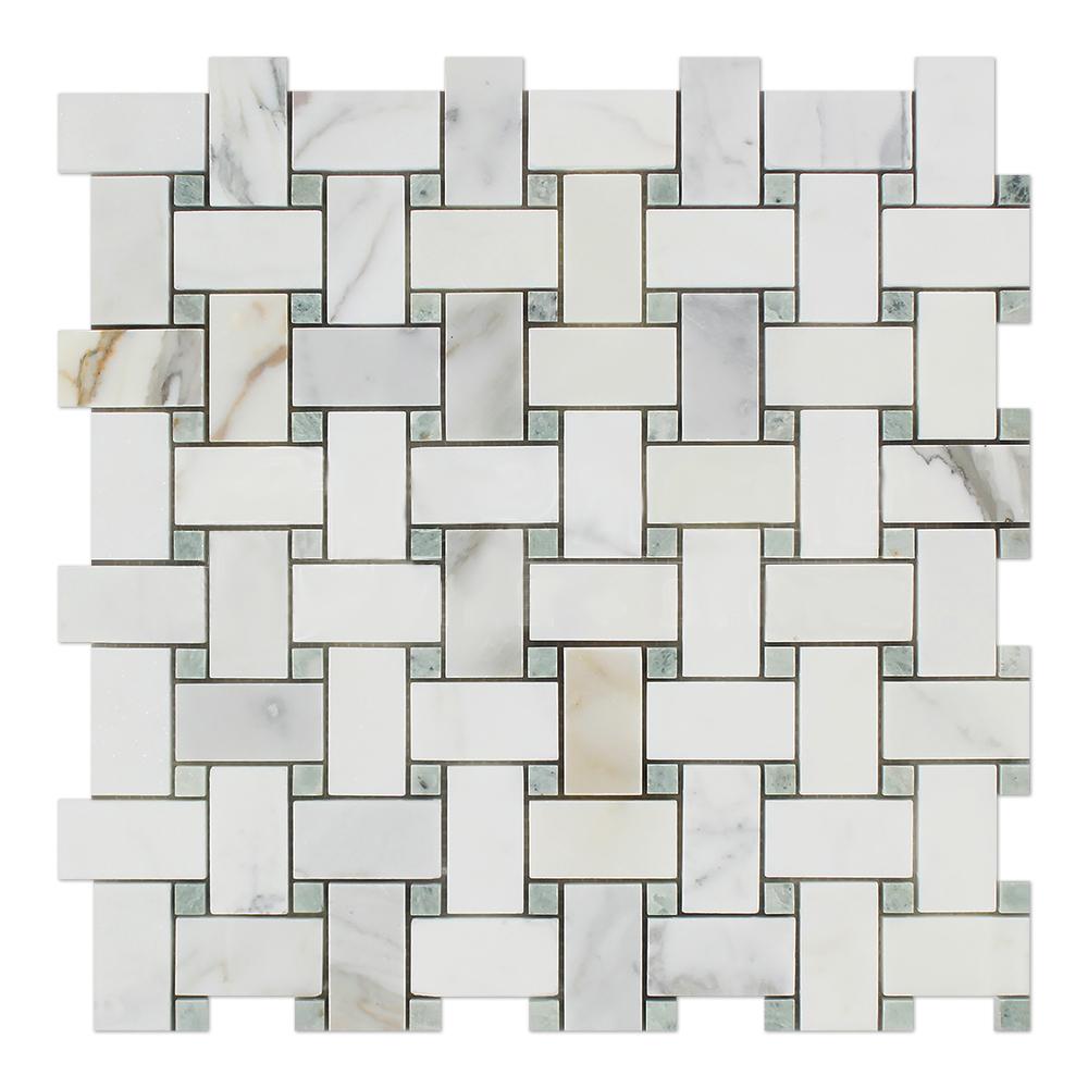 Calacatta Gold Marble Mosaic - Basketweave with Ming Green Dots Polished