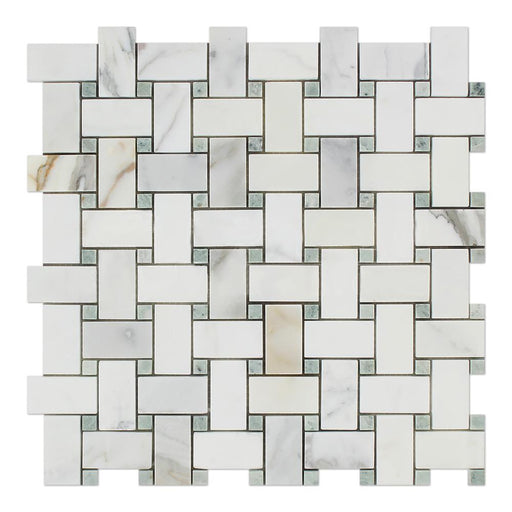 Calacatta Gold Marble Mosaic - Basketweave with Ming Green Dots Polished