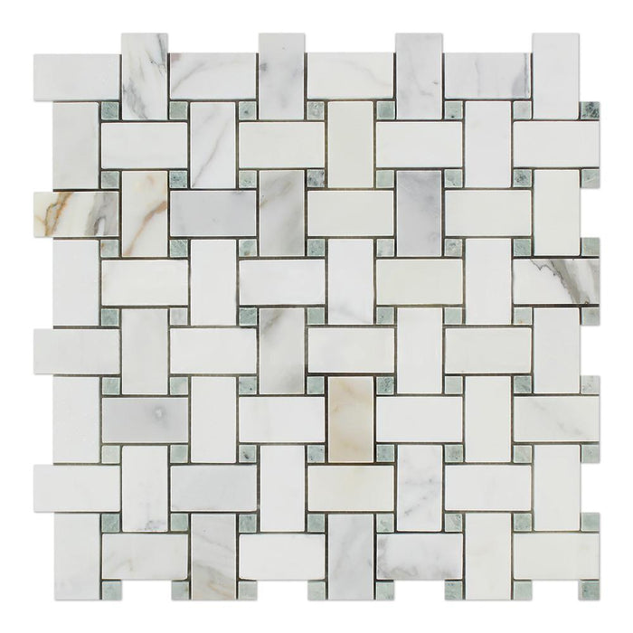 Calacatta Gold Marble Mosaic - Basketweave with Ming Green Dots Polished