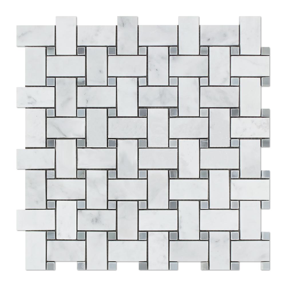 White Carrara Marble Mosaic - Basketweave with Gray Dots Polished