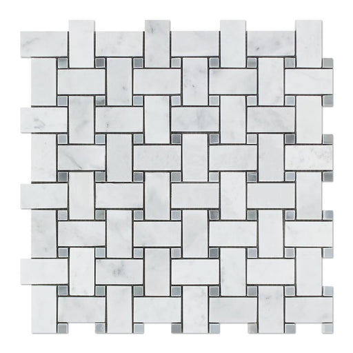 White Carrara Marble Mosaic - Basketweave with Gray Dots Polished