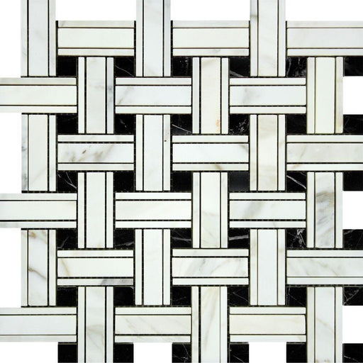 Calacatta Gold Marble Mosaic - Triple Weave with Black Dots Honed