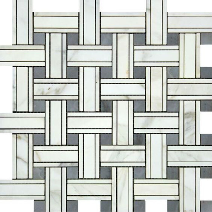 Calacatta Gold Marble Mosaic - Triple Weave with Gray Dots Polished