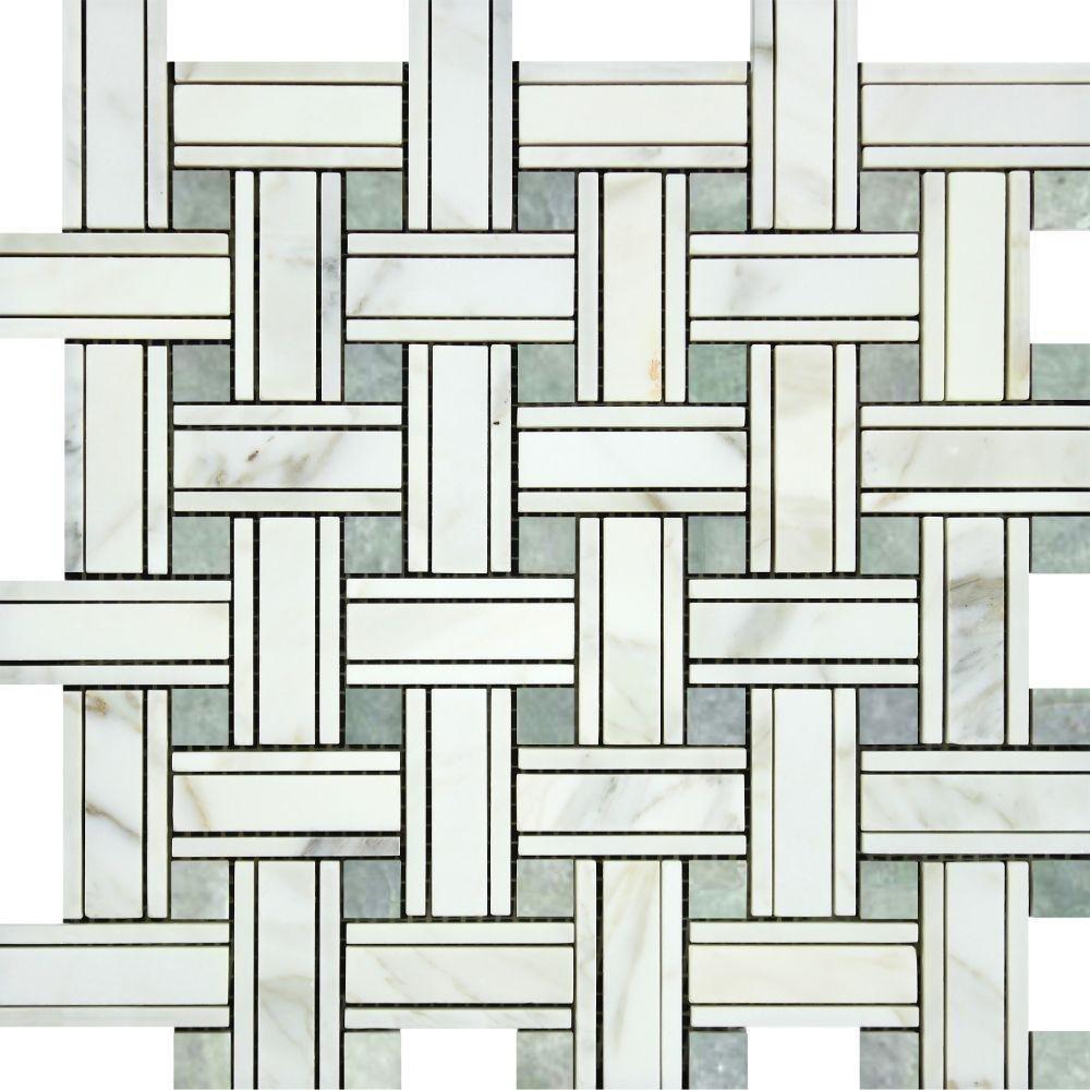 Calacatta Gold Marble Mosaic - Triple Weave with Ming Green Dots Honed