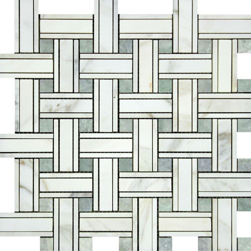 Calacatta Gold Marble Mosaic - Triple Weave with Ming Green Dots Honed