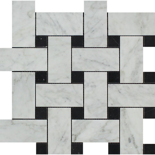 White Carrara Marble Mosaic - Large Basketweave with Black Dots Polished
