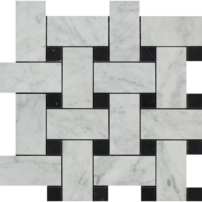 White Carrara Marble Mosaic - Large Basketweave with Black Dots Polished