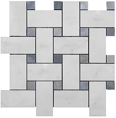 White Carrara Marble Mosaic - Large Basketweave with Gray Dots Polished