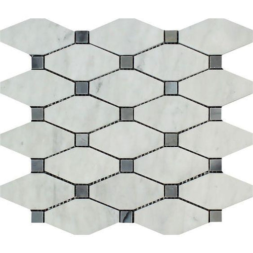 White Carrara Marble Mosaic - Elongated Octagon with Gray Dots Polished