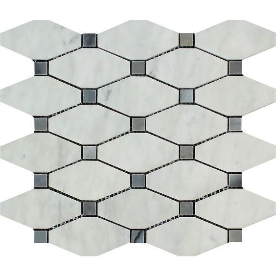 White Carrara Marble Mosaic - Elongated Octagon with Gray Dots Polished