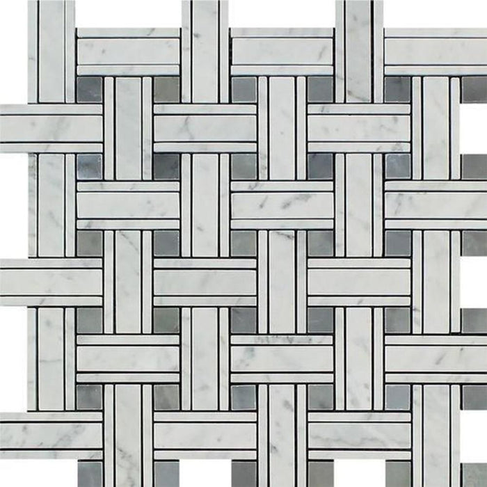 White Carrara Marble Mosaic - Triple Weave with Black & Gray Polished