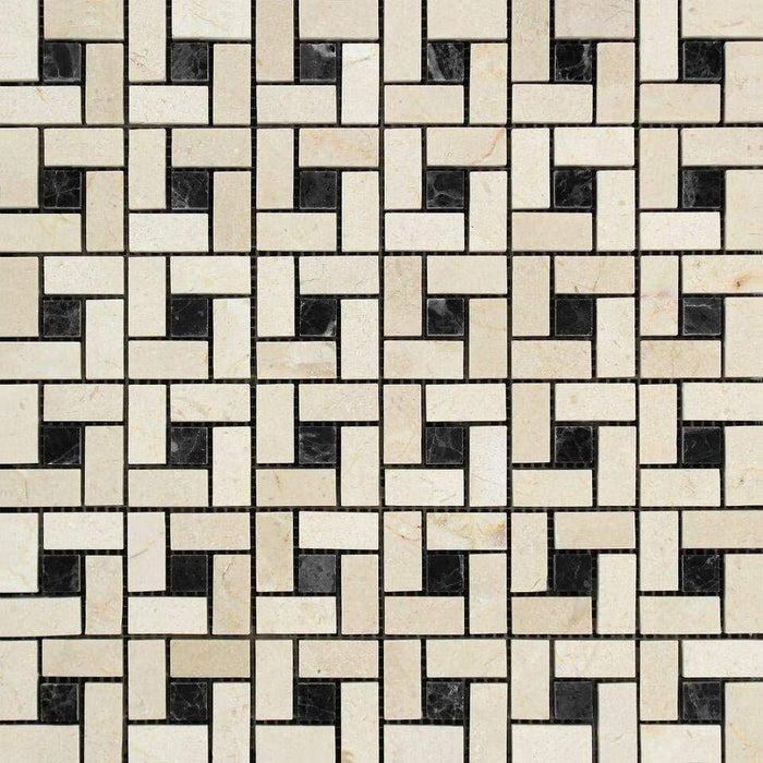 Crema Marfil Marble Mosaic - 5/8" x 1 1/4" Pinwheel with Black Dots Polished