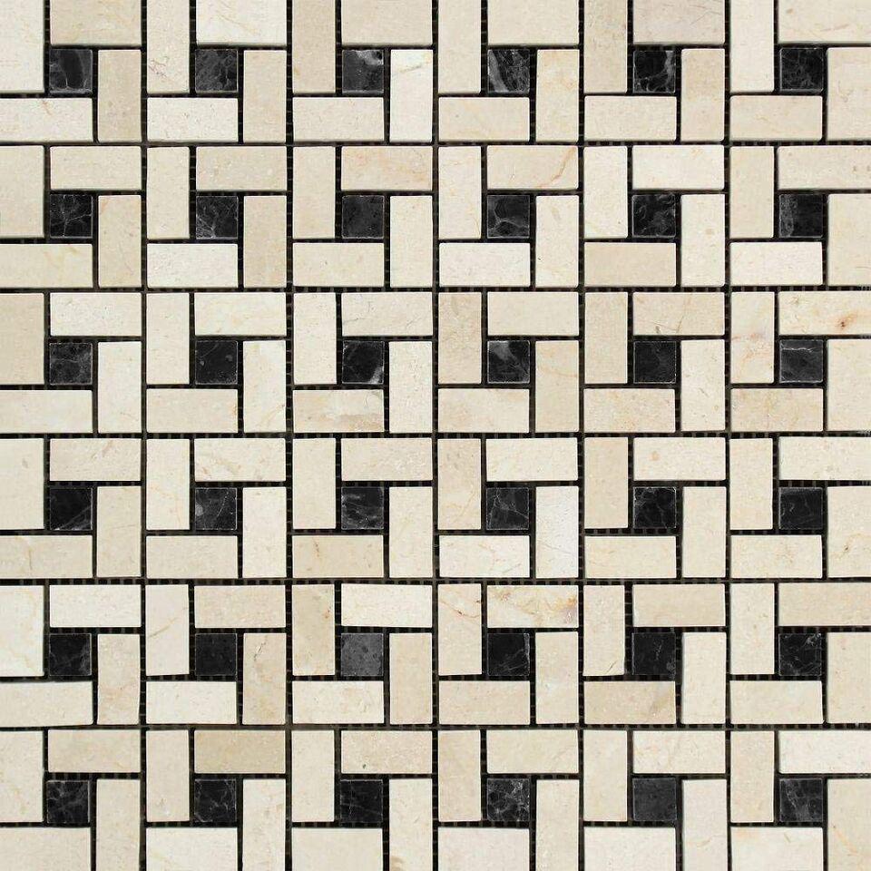 Crema Marfil Marble Mosaic - 5/8" x 1 1/4" Pinwheel with Black Dots Polished