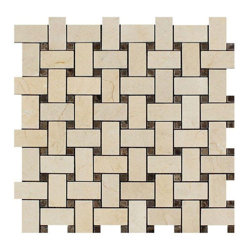 Crema Marfil Marble Mosaic - Basketweave with Emperador Dark Dots Honed