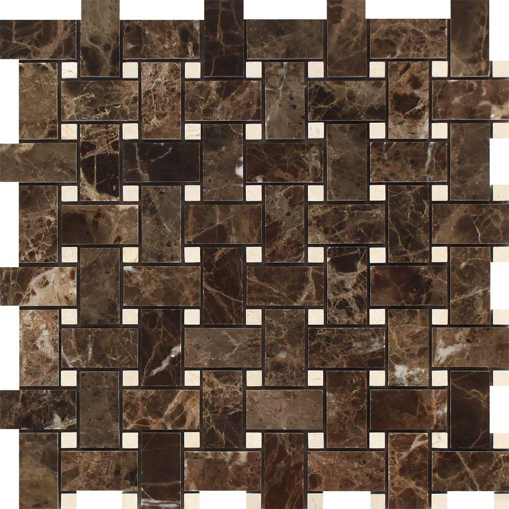 Emperador Dark Marble Mosaic - Basketweave with Crema Marfil Dots Polished