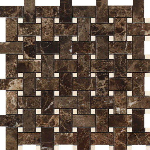 Emperador Dark Marble Mosaic - Basketweave with Crema Marfil Dots Polished