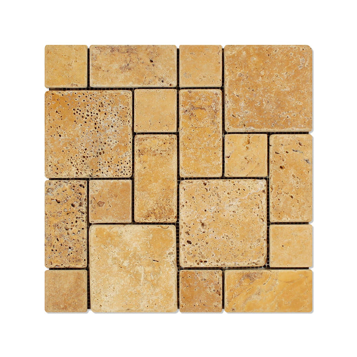 Golden Sienna Travertine Mosaic - Mini Versailles Pattern Tumbled