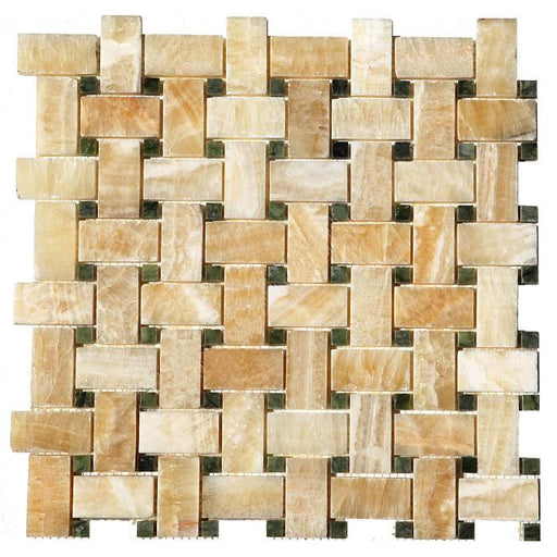 Honey Onyx Mosaic - Basketweave with Green Dots Polished