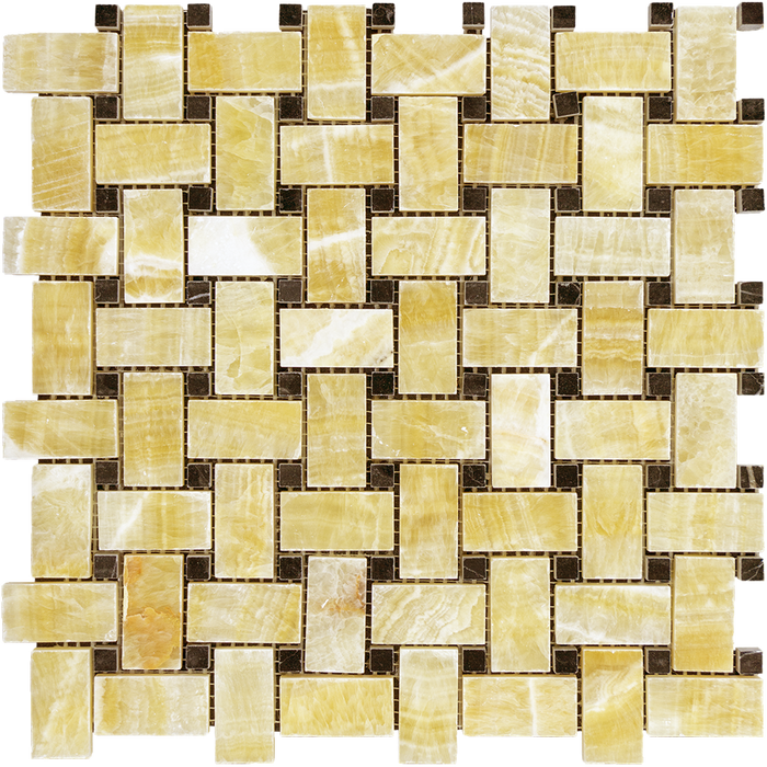 Honey Onyx Mosaic - Basketweave with Black Dots Polished