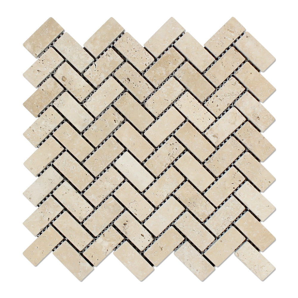 Ivory Travertine Mosaic - 1" x 2" Herringbone Tumbled