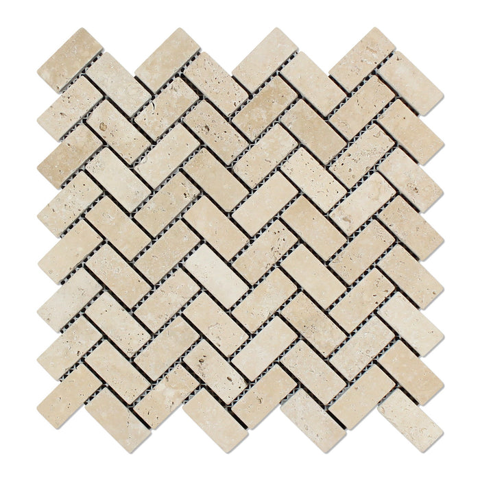 Ivory Travertine Mosaic - 1" x 2" Herringbone Tumbled