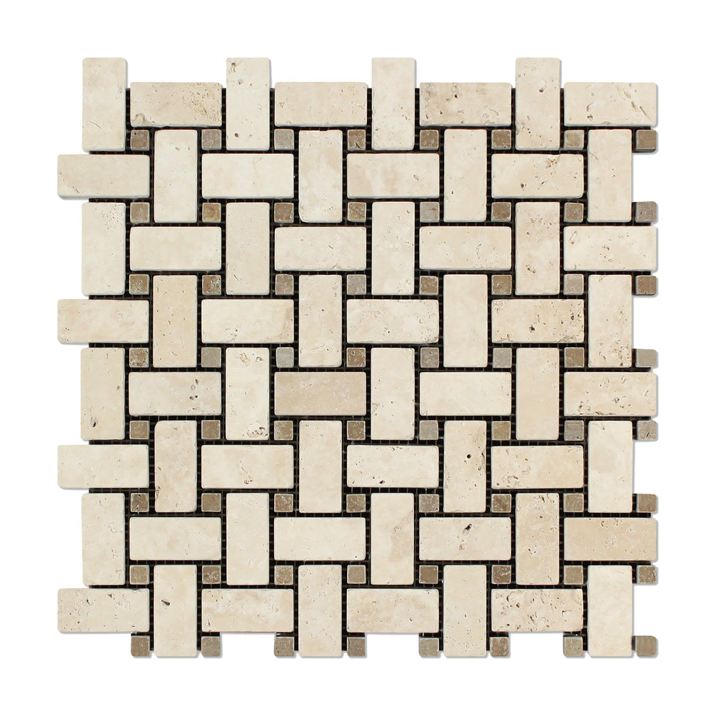 Ivory Travertine Mosaic - Basketweave with Noche Dots Tumbled
