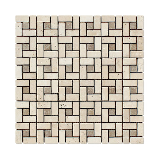 Ivory Travertine Mosaic - 5/8" x 1 1/4" Pinwheel with Noche Dots Tumbled