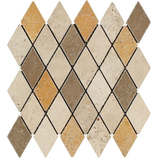 3 Color Mixed Travertine Mosaic - 2" x 4" Diamond Tumbled