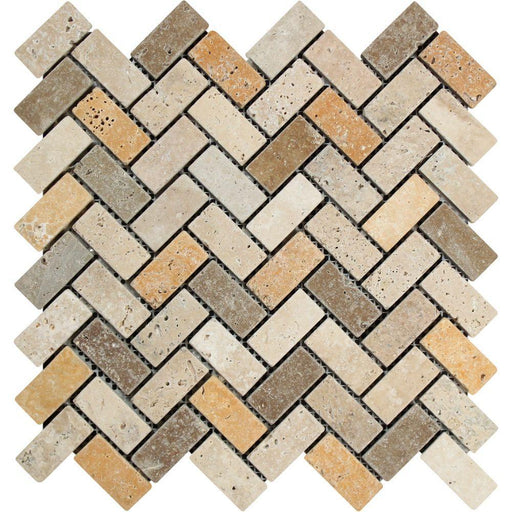 3 Color Mixed Travertine Mosaic - 1" x 2" Herringbone Tumbled
