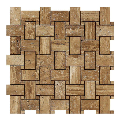 Noche Vein Cut Travertine Mosaic - Basketweave with Noche Vein Cut Dots Brushed