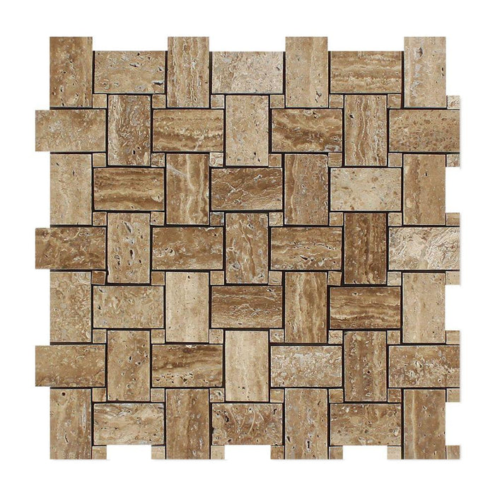 Noche Vein Cut Travertine Mosaic - Basketweave with Noche Vein Cut Dots Polished