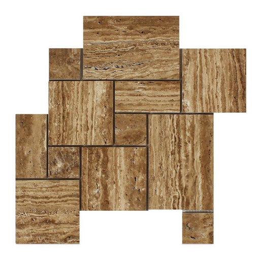 Noche Vein Cut Travertine Mosaic - Opus Mini Pattern Brushed