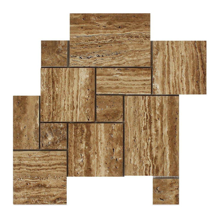Noche Vein Cut Travertine Mosaic - Opus Mini Pattern Brushed