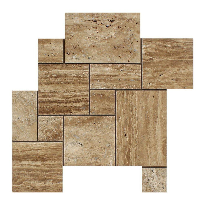Noche Vein Cut Travertine Mosaic - Opus Mini Pattern Polished