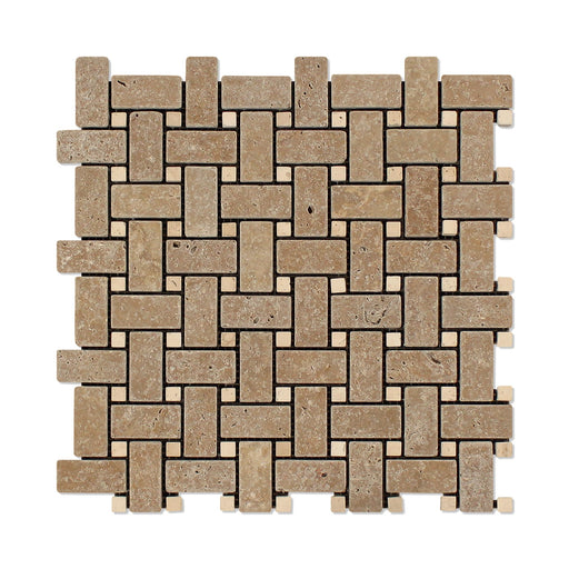 Noche Travertine Mosaic - Basketweave with Ivory Dots Tumbled